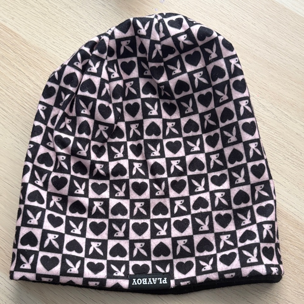 PLAYBOY Pink and Black Bunny & Heart Beanie